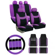 FH Group FB030115 Combo Set: Light & Breezy Cloth Seat Covers (Airbag & Split Ready) W. FH2033 + F14407 Floor Mats, Purple/Black-Fit Most Car, Truck, SUV, or Van