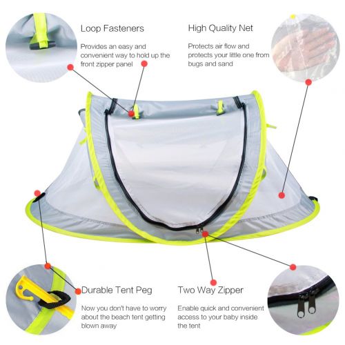  [아마존베스트]FHzytg Aiernuo Large Baby Beach Tent, Portable Baby Travel Tent UPF 50+ Infant Sun Shelters Pop Up Folding Travel Bed Mosquito Net Sunshade with 2 Pegs