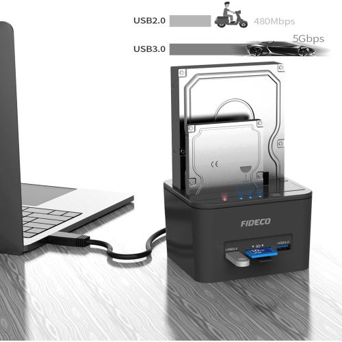  Hard Drive Docking Station, FIDECO USB 3.0 HDD Docking Station Dual-Bay External Hard Drive Docking with Offline CloneDuplicator Function for 2.5 & 3.5 SATA HDD SSD, Support TF &