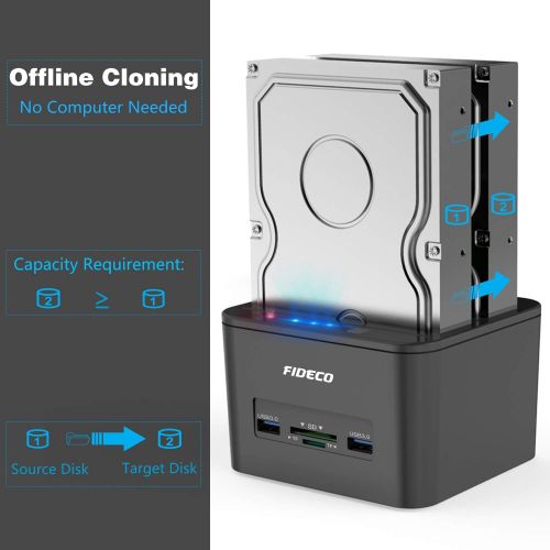  Hard Drive Docking Station, FIDECO USB 3.0 HDD Docking Station Dual-Bay External Hard Drive Docking with Offline CloneDuplicator Function for 2.5 & 3.5 SATA HDD SSD, Support TF &