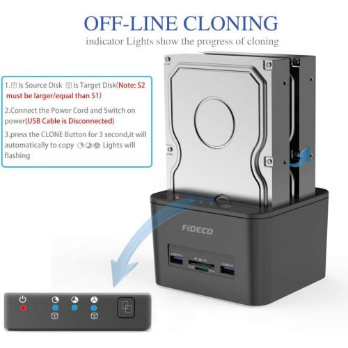  Hard Drive Docking Station, FIDECO USB 3.0 HDD Docking Station Dual-Bay External Hard Drive Docking with Offline CloneDuplicator Function for 2.5 & 3.5 SATA HDD SSD, Support TF &