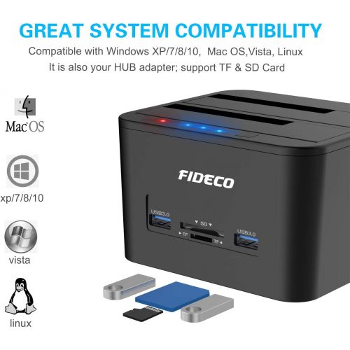  Hard Drive Docking Station, FIDECO USB 3.0 HDD Docking Station Dual-Bay External Hard Drive Docking with Offline CloneDuplicator Function for 2.5 & 3.5 SATA HDD SSD, Support TF &