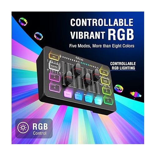  FIFINE Gaming Audio Mixer, Streaming RGB PC Mixer with XLR Microphone Interface, Individual Control, Volume Fader, Mute Button, 48V Phantom Power, for Podcast/Recording/Vocal/Game Voice-AmpliGame SC3