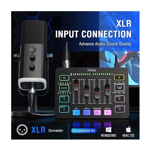  FIFINE Gaming Audio Mixer, Streaming RGB PC Mixer with XLR Microphone Interface, Individual Control, Volume Fader, Mute Button, 48V Phantom Power, for Podcast/Recording/Vocal/Game Voice-AmpliGame SC3
