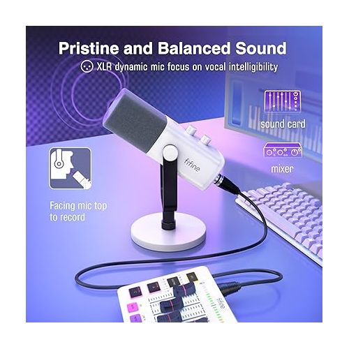  FIFINE XLR/USB Gaming Microphone for Streaming Podcasting, PC Computer RGB Mic, with Gain Knob, Mic Mute, Monitoring Jack, Gamer Mic for Recording Video Creation-AmpliGame AM8 White