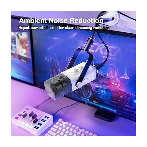  FIFINE XLR/USB Gaming Microphone for Streaming Podcasting, PC Computer RGB Mic, with Gain Knob, Mic Mute, Monitoring Jack, Gamer Mic for Recording Video Creation-AmpliGame AM8 White