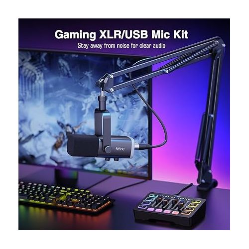  FIFINE XLR/USB Gaming Microphone Set and Gaming Audio Mixer,Dynamic PC Mic for Streaming Podcasting,RGB Recording Mixer with XLR Microphone Interface,Computer RGB Mic Kit with Boom Arm Stand(AM8T+SC3)
