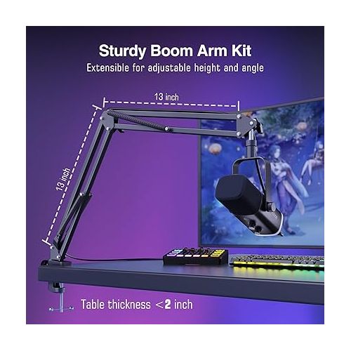  FIFINE XLR/USB Gaming Microphone Set and Gaming Audio Mixer,Dynamic PC Mic for Streaming Podcasting,RGB Recording Mixer with XLR Microphone Interface,Computer RGB Mic Kit with Boom Arm Stand(AM8T+SC3)