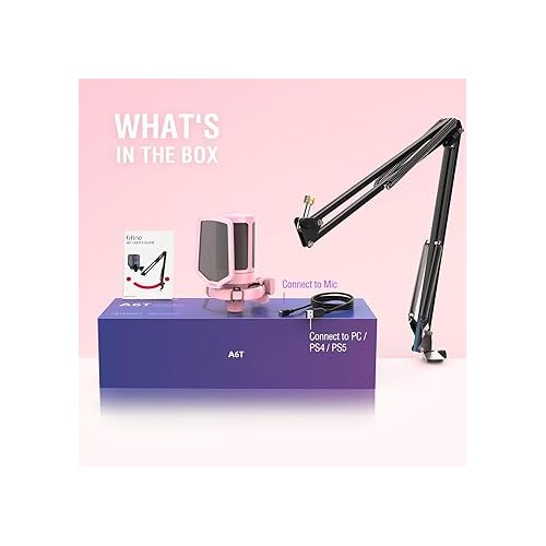  FIFINE Gaming USB Microphone Kit, PC Streaming Recording Computer RGB Microphone Set for Podcasting, Singing, YouTube, Condenser Cardioid Mic with Quick Mute, Gain Knob-A6T Pink