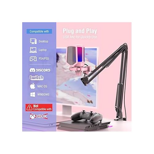  FIFINE Gaming USB Microphone Kit, PC Streaming Recording Computer RGB Microphone Set for Podcasting, Singing, YouTube, Condenser Cardioid Mic with Quick Mute, Gain Knob-A6T Pink