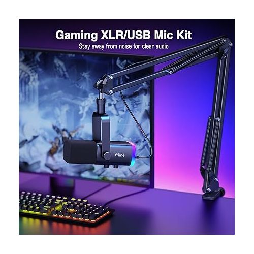  FIFINE XLR/USB Gaming Microphone Set and Audio Mixer，Computer RGB Mic Kit with Boom Arm Stand,Mute Button,Headphones Jack,for Recording Vocal Voice-Over，Streaming PC Mixer with Slider Fader（AM8T+SC3W