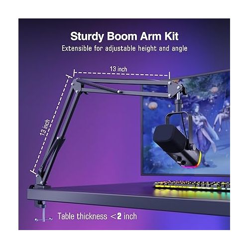  FIFINE XLR/USB Gaming Microphone Set and Audio Mixer，Computer RGB Mic Kit with Boom Arm Stand,Mute Button,Headphones Jack,for Recording Vocal Voice-Over，Streaming PC Mixer with Slider Fader（AM8T+SC3W