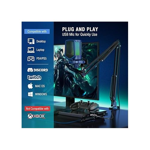  FIFINE USB Gaming Streaming Recording PC Microphone Kit, RGB Condenser Computer Mic Bundle for Podcasts, Audio, Vocal, Video on Mac/Desktop/Laptop, with Boom Arm Stand-A6T Blue