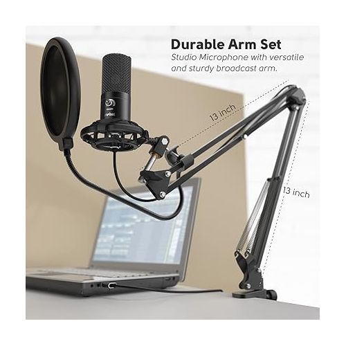  FIFINE Studio Condenser USB Microphone Computer PC Microphone Kit with Adjustable Boom Arm Stand Shock Mount for Instruments Voice Overs Recording Podcasting YouTube Vocal Gaming Streaming-T669