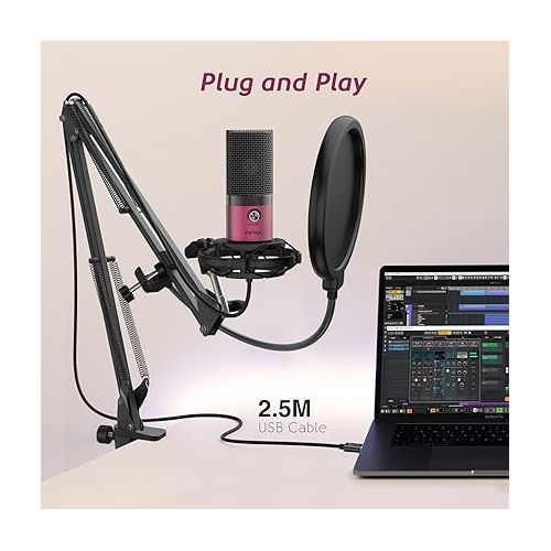  FIFINE Podcast Microphone Kit-USB PC Computer Recording Microphone, Condenser Mic Set for Streaming, Gaming, Voice-Over, Meeting, with Arm Stand, Shock Mount, Pop Filter-T669 Rose Red