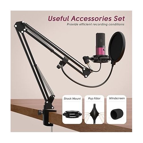  FIFINE Podcast Microphone Kit-USB PC Computer Recording Microphone, Condenser Mic Set for Streaming, Gaming, Voice-Over, Meeting, with Arm Stand, Shock Mount, Pop Filter-T669 Rose Red