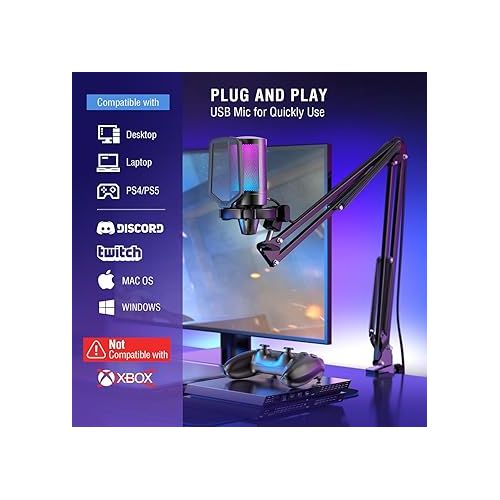  FIFINE Gaming PC USB Microphone, Podcast Condenser Mic with Boom Arm, Pop Filter, Mute Button for Streaming, Twitch, Online Chat, RGB Computer Mic for PS4/5 PC Gamer Youtuber-AmpliGame A6T