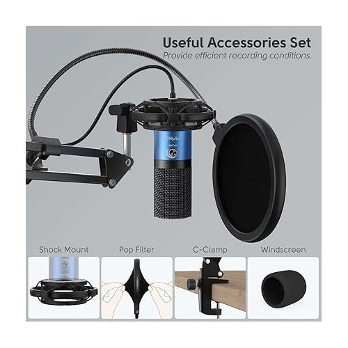  FIFINE USB Recording PC Microphone Kit, Computer Condenser Cardioid Mic on Mac Windows PS4/PS5, for Streaming, Podcasting, Gaming, Video, Home Use, with Gain Knob, Arm Stand-T669 Blue