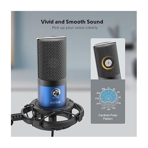  FIFINE USB Recording PC Microphone Kit, Computer Condenser Cardioid Mic on Mac Windows PS4/PS5, for Streaming, Podcasting, Gaming, Video, Home Use, with Gain Knob, Arm Stand-T669 Blue