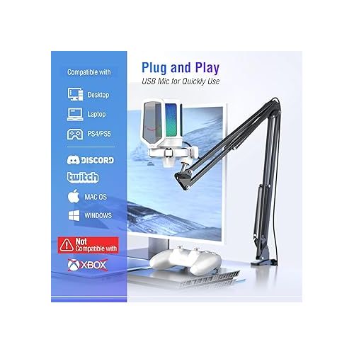  FIFINE Streaming Gaming USB Microphone Kit, PC Condenser RGB Mic on PS4/PS5, Plug and Play for Music Recording, Online Game, Discord, Twitch, with Pop Filter, Shock Mount-A6T White