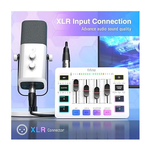  FIFINE PC Computer RGB Microphone and Audio Mixer Bundle,XLR/USB Gaming Mic with Gain Knob,Mic Mute,Monitoring Jack for Recording Video Creation,Streaming Mixer Set for Game Voice/Podcast (AM8W+SC3W)