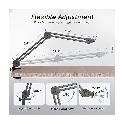  FIFINE Microphone Arm Stand-Heavy Duty Boom Arm, Suspension Scissor Adjustable Mic Stand with Desk Mount, 5/8