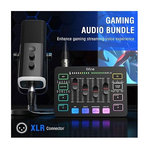  FIFINE Gaming Equipment Bundle, Dynamic XLR/USB Gaming Microphone Set with Streaming Audio Mixer for Podcast Recording Video Vocal, RGB Gamer Set with Volume Fader/XLR Interface for PC-AmpliGame KS5