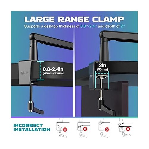  FIFINE Microphone Boom Arm, Low Profile Adjustable Stick Microphone Arm Stand with Desk Mount Clamp, Screw Adapter, Cable Management, for Podcast Streaming Gaming Studio-BM88