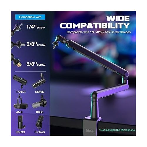  FIFINE Microphone Boom Arm, Low Profile Adjustable Stick Microphone Arm Stand with Desk Mount Clamp, Screw Adapter, Cable Management, for Podcast Streaming Gaming Studio-BM88