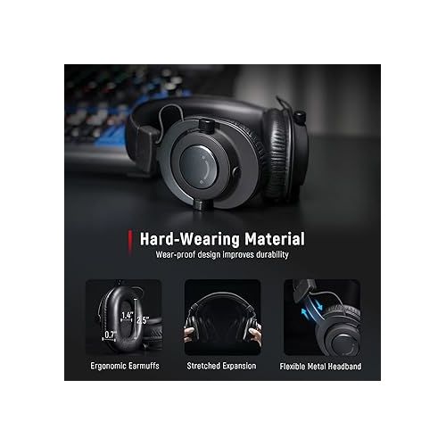  FIFINE Studio Monitor Headphones for Recording-Over Ear Wired Headphones for Podcast Monitoring, Streaming Comfortable Equipment with Detachable Cables 3.5mm or 6.35mm Jack, Black, on PC/Mixer-H8