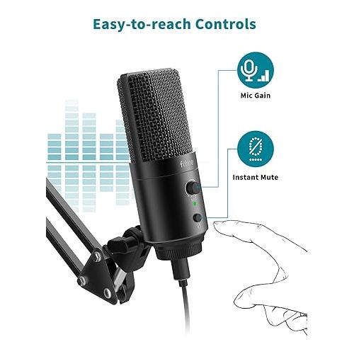  FIFINE USB Desktop PC Microphone with Pop Filter for Computer and Mac, Studio Condenser Mic with Gain Control Mute Button Headphone Jack for Gaming Streaming Recording YouTube, Extra USB-C Plug -K683A