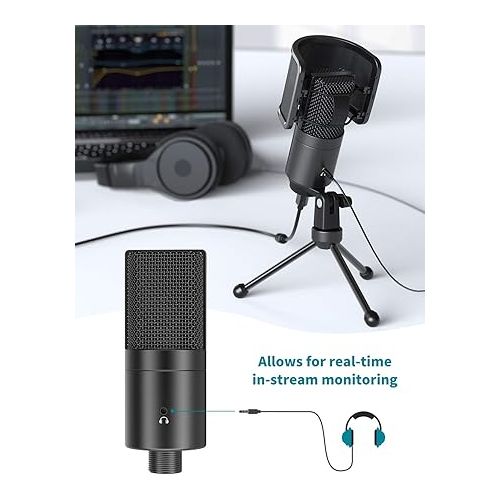  FIFINE USB Desktop PC Microphone with Pop Filter for Computer and Mac, Studio Condenser Mic with Gain Control Mute Button Headphone Jack for Gaming Streaming Recording YouTube, Extra USB-C Plug -K683A