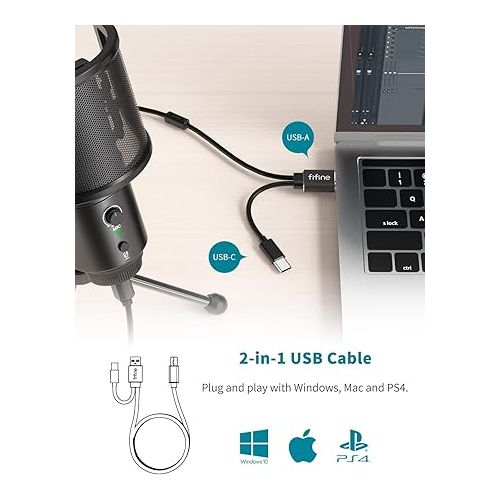  FIFINE USB Desktop PC Microphone with Pop Filter for Computer and Mac, Studio Condenser Mic with Gain Control Mute Button Headphone Jack for Gaming Streaming Recording YouTube, Extra USB-C Plug -K683A