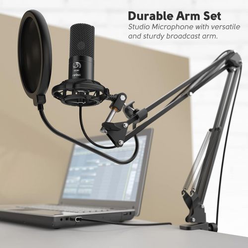  FIFINE Studio Condenser USB Microphone Computer PC Microphone Kit with Adjustable Scissor Arm Stand Shock Mount for Instruments Voice Overs Recording Podcasting YouTube Karaoke Gam