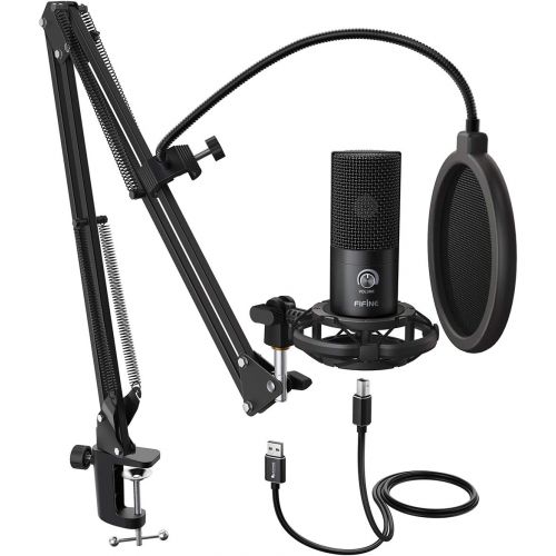  FIFINE Studio Condenser USB Microphone Computer PC Microphone Kit with Adjustable Scissor Arm Stand Shock Mount for Instruments Voice Overs Recording Podcasting YouTube Karaoke Gam