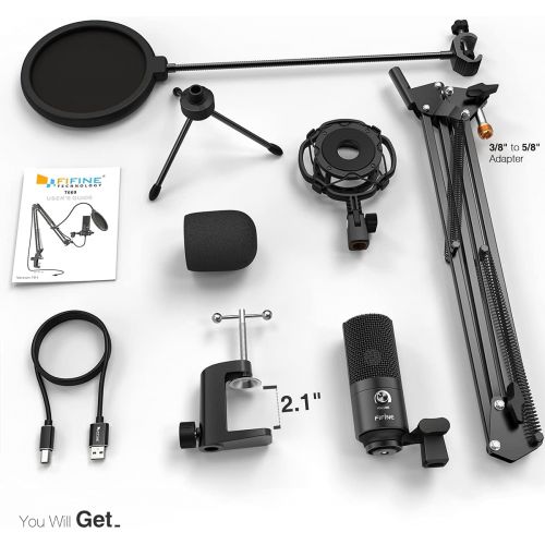  FIFINE Studio Condenser USB Microphone Computer PC Microphone Kit with Adjustable Scissor Arm Stand Shock Mount for Instruments Voice Overs Recording Podcasting YouTube Karaoke Gam
