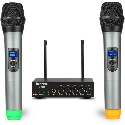  Fifine UHF Dual Channel Wireless Handheld Microphone, Easy-to-use Karaoke Wireless Microphone System-K036