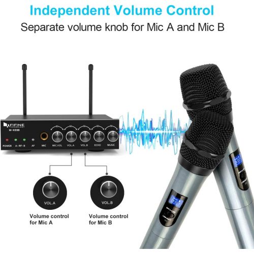  Fifine UHF Dual Channel Wireless Handheld Microphone, Easy-to-use Karaoke Wireless Microphone System-K036