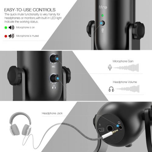  [아마존베스트]FIFINE USB Podcast Microphone for Recording Streaming on PC and Mac,Condenser Computer Gaming Mic for PS4.Headphone Output&Volume Control,Mic Gain Control,Mute Button for Vocal,You