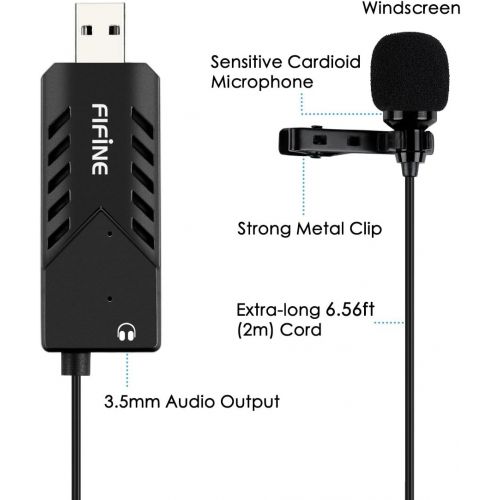  [아마존베스트]FIFINE TECHNOLOGY USB Lavalier Lapel Microphone,Fifine Clip-on Cardioid Condenser Computer mic Plug and Play USB Microphone with Sound Card for PC and Mac-K053