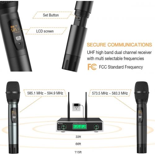  FIFINE TECHNOLOGY Fifine Wireless Microphone System, Two Handheld Dynamic Cordless Mic and Dual Channel Receiver, 50 Selectable UHF Frequency for Karaoke Singing Party,Church,DJ,Wedding,School Prese