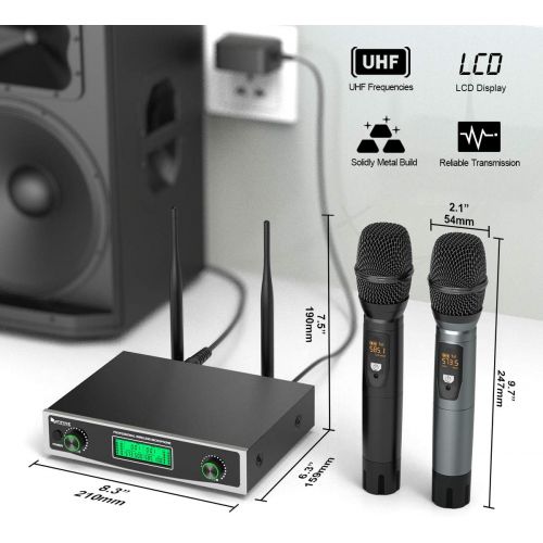  FIFINE TECHNOLOGY Fifine Wireless Microphone System, Two Handheld Dynamic Cordless Mic and Dual Channel Receiver, 50 Selectable UHF Frequency for Karaoke Singing Party,Church,DJ,Wedding,School Prese