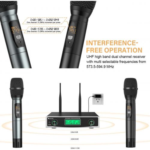  FIFINE TECHNOLOGY Fifine Wireless Microphone System, Two Handheld Dynamic Cordless Mic and Dual Channel Receiver, 50 Selectable UHF Frequency for Karaoke Singing Party,Church,DJ,Wedding,School Prese