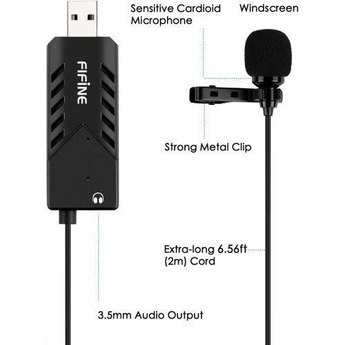  [아마존베스트]FIFINE TECHNOLOGY USB Lavalier Lapel Microphone,Fifine Clip-on Cardioid Condenser Computer mic Plug and Play USB Microphone with Sound Card for PC and Mac-K053