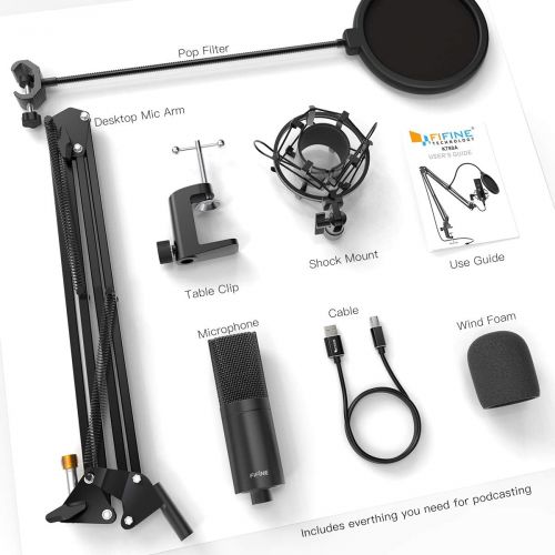  [아마존베스트]FIFINE TECHNOLOGY Fifine USB Streaming Microphone Kit, Condenser Studio Mic with Arm Stand & Pop Filter for Podcast Vocal Recording Singing YouTube Gaming Voice Over, Directional Computer Mic for PC