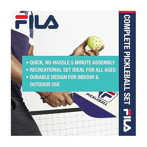  FILA Accessories Pickleball Net Set - Includes Pickleball Paddles Set of 4 with Regulation Size 4 Outdoor Balls & 10ft All Weather Mesh Net for Indoor or Outdoor Use - Lightweight, Quick & Easy Setup