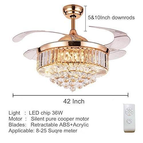  FINE MAKER Modern 42Inch Crystal Ceiling Fan with Light Luxury LED Chandelier Remote Control Invisible Acrylic Blades Ceiling Fixture (Rose Gold)