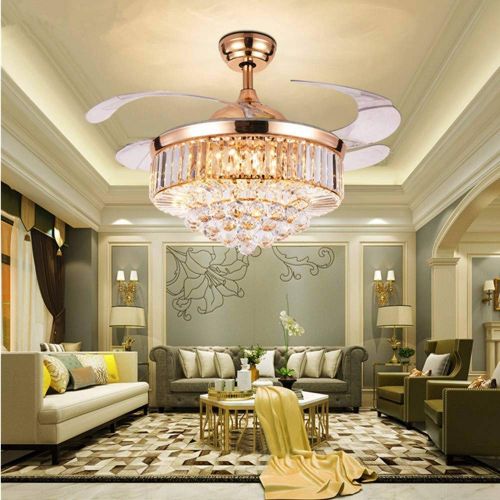  FINE MAKER Modern 42Inch Crystal Ceiling Fan with Light Luxury LED Chandelier Remote Control Invisible Acrylic Blades Ceiling Fixture (Rose Gold)