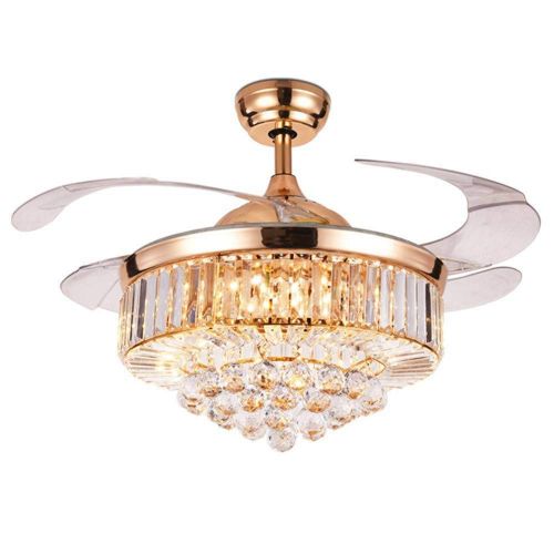  FINE MAKER Modern 42Inch Crystal Ceiling Fan with Light Luxury LED Chandelier Remote Control Invisible Acrylic Blades Ceiling Fixture (Rose Gold)