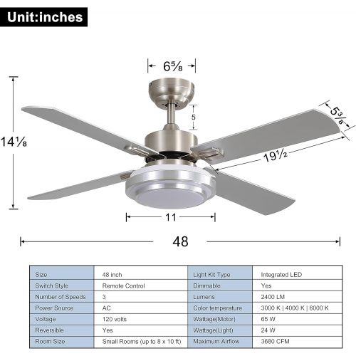  Indoor Ceiling Fan Light Fixtures - FINXIN Remote LED 48 Brushed Nickel Ceiling Fans For Bedroom,Living Room,Dining Room Including Motor,Remote Switch (48 4-Blades)